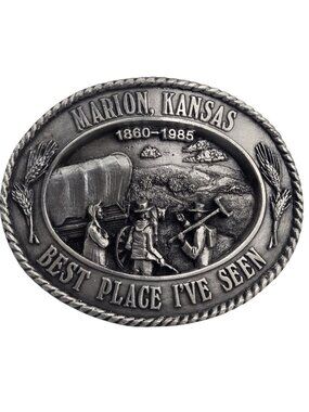 Marion Kansas Belt Buckle 1985 Vintage KS Settlers Surveyors Frontier Country